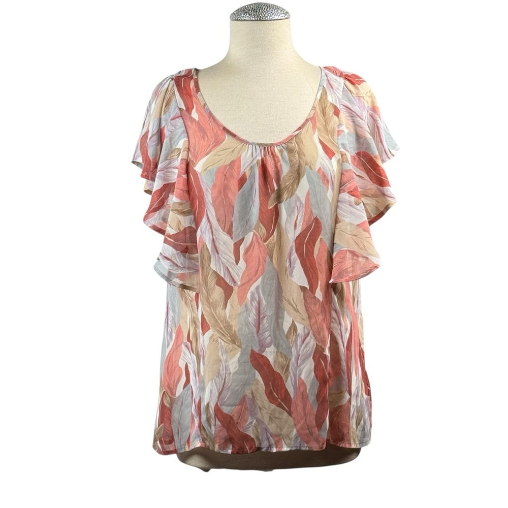 LC Lauren‎ Conrad Flutter Sleeve Ruffled Blouse Pink Gray